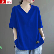 皮爾卡丹（pierre cardin）純棉時(shí)尚V領(lǐng)短袖t恤女夏季百搭寬松大號(hào)遮肚顯瘦減齡休閑中袖上衣 藍(lán)色 4XL