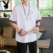 花花公子（PLAYBOY）亞麻短袖t恤男秋季半袖中國風(fēng)體恤唐裝復(fù)古胖子棉麻套裝男裝衣服 T28白色 M