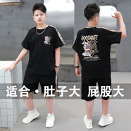 胖男童短袖套裝加肥加大夏裝胖男孩純棉T恤短褲兩件套寬松運(yùn)動(dòng)薄 黑色【國風(fēng)】短袖套裝 180 碼適合【130-150斤】