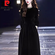 皮爾卡丹（pierre cardin）法式高級(jí)感黑色金絲絨連衣裙女秋冬季大尺碼顯瘦歐貨配大衣內(nèi)搭裙 黑色（版） L (105-115斤)