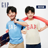 Gap男女童夏季LOGO純棉短袖T恤套裝兒童裝404362兩件裝 米色藍色組合 120cm(XS)亞洲尺碼
