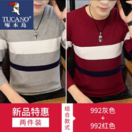 啄木鳥圓領毛衣打底秋冬季青年韓版修身條紋毛線衣服潮流男士薄款針織衫 992灰色+992紅色 XL