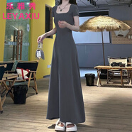 樂(lè)雅秀美拉德夏季連衣裙顯瘦短袖氣質(zhì)長(zhǎng)裙女2025新款修身法式收腰大擺裙 深灰色 M 80-95斤
