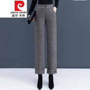 皮爾卡丹（pierre cardin）羊毛呢闊腿褲女翻邊時尚加絨九分褲休閑2023冬加厚寬松直筒褲針織 灰咖色 M 【建議80-95斤】