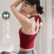 多菲尼森掛脖吊帶背心女帶胸墊短款夏季外穿復(fù)古港風(fēng)美背內(nèi)衣紅色打底上衣 掛脖吊帶背心女 酒紅色 均碼