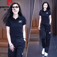 皮爾卡丹品牌多口袋工裝迷彩服套裝女夏季新款休閑薄款短袖闊腿褲水兵舞服 黑色套裝 M【85-95斤】
