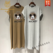 鹿王戀雪2024夏季新款棉短袖T恤裙女韓版寬松休閑大尺碼飛飛袖連衣裙長(zhǎng)裙 灰色(字母米奇款) L (建議105-125斤)