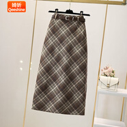 婍妡復古毛呢格子半身裙女2025秋冬后開(kāi)叉高腰A字裙中長(cháng)款包臀一步裙 駝色[ 腰帶] M 建議95-105斤