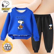 史努比（SNOOPY）兒童男女童秋冬套裝衣服加絨兩件套寶寶保暖衛(wèi)衣百搭洋氣童裝 加絨藍色衛(wèi)衣-黑褲-z1 120