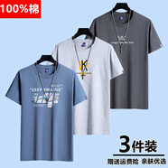 霧卡【純棉3件】短袖t恤男夏季新款純棉圓領(lǐng)T恤男寬松半袖打底上衣服t 【3件】倒W鐵灰+小PK淺灰+KP湖藍 XL (130-150斤內(nèi))