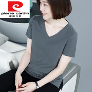 皮爾卡丹（pierre cardin）2024新款夏裝黑色雞心領短袖T恤女寬松v領上衣女白色半袖體恤 灰色T850 色 2XL