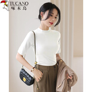 啄木鳥(niǎo)打底衫女中袖秋季半高領(lǐng)五分袖正肩顯瘦內搭半袖上衣 白色 S