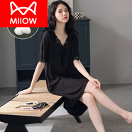 貓人（MiiOW）帶胸墊睡裙女夏季薄款莫代爾冰絲孕婦女士可外穿連衣裙家居服睡衣 黑色 Q0521莫代爾 L