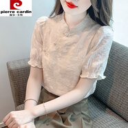 皮爾卡丹（pierre cardin）新中式盤扣短袖襯衫女夏季國風感洋氣別致漂亮小衫泡泡袖上衣 杏色 S 80-95斤