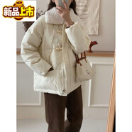 初徑牛角扣短款羽絨服女2025年新款韓版羊羔毛領(lǐng)加厚小個(gè)子冬外套反季 白色 S 80-120斤