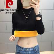 皮爾卡丹（pierre cardin）韓版針織衫女半高領(lǐng)加絨毛衣打底衫秋冬季加厚內(nèi)搭新款士黑色保暖 黑色(純色袖) 加絨 M