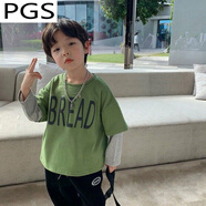 普戈斯（PUGESI）男童t恤長袖男孩寶寶童裝2023新款春秋兒童假兩件秋上衣洋氣潮 綠色字母T恤 120