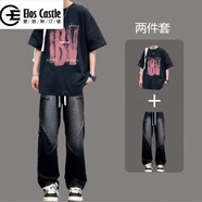 愛洛斯汀堡（Elos Castle）美式風(fēng)純棉短袖t恤男士夏季套裝寬松半袖痞帥上衣男裝一整套搭配 T581黑色加K40黑褲 XL 【125-140斤】