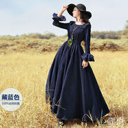 湘默清涼連衣裙港式秋冬新款威婭紀連衣裙優(yōu)雅時(shí)尚氣質(zhì)燈芯絨復古拖地 藍色喇叭袖 M