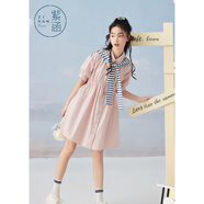 紫涵（ZIHAN）紫涵短袖襯衫連衣裙女夏季甜美淑女寬松高腰短裙披肩裝飾 硬糖粉 XS