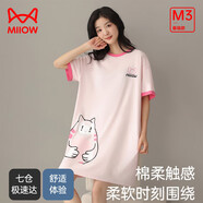 貓人（MiiOW）睡衣女士睡裙純棉圓領套頭短袖長裙可外穿家居裙送女友 淡粉(胖胖小貓) L 【100-120斤】
