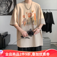 侯七爺（HOUQIYE）短袖t恤男春夏季青少年寬松學(xué)生休閑情侶時(shí)尚半袖體恤衫潮流上衣 杏色 S
