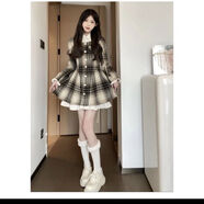 依慕琪小個子套裝裙連衣裙秋冬季淑女氣質 復古格紋毛呢連衣裙黑白格冬 黑色短款 XS