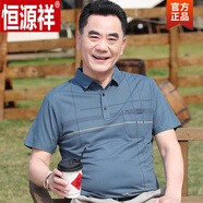 恒源祥（HYX）爸爸夏裝短袖t恤男中年絲光棉Polo.衫中老年寬松重磅涼感格子t恤 YL3135-蘭色 【真口袋】 XXL 148斤-165斤