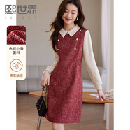 熙世界小香風(fēng)氣質(zhì)連衣裙女秋冬2025新款氣質(zhì)襯衫領(lǐng)拼接假兩件裙子 復古紅 L