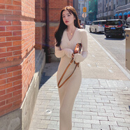 蕭遇2025年春天秋季新款女士裝長(zhǎng)袖連衣裙小個(gè)子時(shí)尚包臀a字氣質(zhì)衣服 杏色 均碼 85-125斤