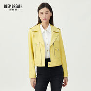 深呼吸DEEP BREATH女裝綿羊皮翻領(lǐng)拉鏈機車皮衣夾克外套女A400158 明亮黃 M (3碼)