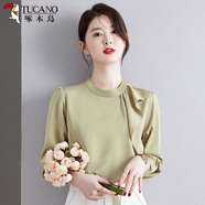 啄木鳥(niǎo)法式雪紡白襯衫女時(shí)尚洋氣荷葉邊職業(yè)感襯衣2025新款長(cháng)袖上衣 綠色 2XL  (建議125-135斤)