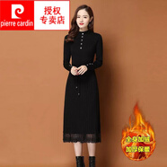 皮爾卡丹（pierre cardin）加絨加厚秋冬新款系帶毛衣裙中長款過膝顯瘦針織衫打底連衣裙女裝 黑色加絨加厚 L 建議100-110斤