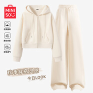 名創(chuàng)優(yōu)品（MINISO）春秋季套裝女休閑運(yùn)動(dòng)潮流女裝連帽開衫衛(wèi)衣闊腿褲兩件套韓系穿搭 【春秋款】奶白(純色)+奶白(純色) M 160 (新一代升級(jí)工藝)