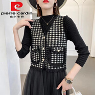 皮爾卡丹（pierre cardin）小香風(fēng)黑色打底針織連衣裙女秋冬修身顯瘦純色百搭網(wǎng)紗拼接毛衣裙 千鳥格馬甲黑色 均碼 85-135斤