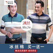 啄木鳥短袖T恤男 爸爸夏裝中年冰絲薄款中老年人男裝爺爺翻領(lǐng)寬松t恤 576藍色+802灰色 XL /175