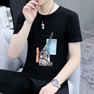 森馬（Semir）新款圓領短袖t恤男時尚休閑半袖純棉男裝修身體恤衫 SK2180 黑色 M 建議95-115斤