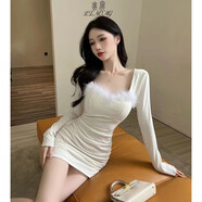 里農(nóng)連衣裙女秋冬款純欲御姐氣質拼接皺褶包臀裙修身包臀打底辣妹短裙 白色 M（90-100斤）