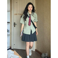 小野七天日系學院風短袖條紋襯衫女寬松五分袖襯衣休閑T恤上衣 綠色短袖襯衫+領帶 L