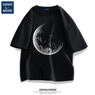 GENIOLAMODE短袖男士t恤純棉寬松美式潮流衣服男生半袖圓領(lǐng)正肩休閑夏季體恤 黑色(線描月亮) L (175)