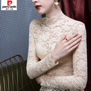 皮爾卡丹（pierre cardin）2024秋冬立領(lǐng)蕾絲打底衫女網(wǎng)紗修身冬季高領(lǐng)洋氣小衫女裝加絨上衣 杏色 常規(guī)款 S
