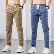 濮仕豪【兩條裝】夏季薄款休閑褲男微彈潮流商務(wù)直筒修身百搭松緊腰長(cháng)褲 HCDG-511卡其+藍色 34碼【（2尺7）體重150-160斤】