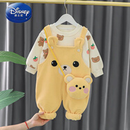 迪士尼（Disney）背帶褲女童春裝2025新款加絨潮童裝洋氣兒童衣服一歲寶寶春秋套裝 黃色 100 cm