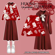 妍莉芬（yanlifen）新年圣誕衣服女裝冬季紅色連衣裙2024新款韓版小個子過年套裝裙子 紅色龍年毛衣+885紅色連衣裙 L