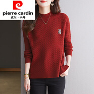 皮爾卡丹（pierre cardin）羊l毛衫女復古麻花小熊半高領(lǐng)毛衣秋冬新款時(shí)尚開(kāi)叉短款內搭打底 紅色【時(shí)尚】 M