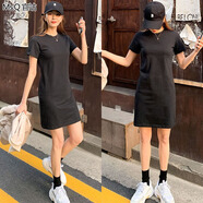 夏季氣質(zhì)女裝中長(cháng)款連衣裙莫代爾長(cháng)裙短袖修身顯瘦打底黑色直筒裙 黑色 3XL