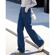 德瑪納利落直筒褲春秋遮胯寬腿粗氣質(zhì)顯瘦經(jīng)典藍牛仔褲女
