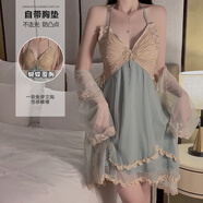 婷兒性感睡裙帶胸墊蝴蝶大碼吊帶睡衣兩件套美背冰絲松緊仿真絲睡衣 綠色-睡裙 M (80-105斤)卡碼拍大