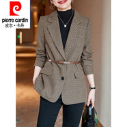 皮爾卡丹（pierre cardin）千鳥格小西裝外套女 23春秋新款氣質(zhì)休閑上衣高端春裝毛呢外套 咖啡色+腰帶 3XL 136-145斤