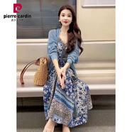 皮爾卡丹（pierre cardin）一整套2025春秋新款超好看絕美藍(lán)色針織開(kāi)衫碎花吊帶連衣裙套裝女 冰絲外披+碎花吊帶裙套裝 L 100-120斤